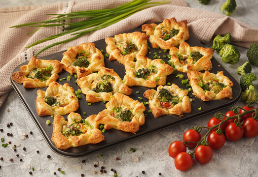 Savory puff pastry muffins with broccoli and mozzarella.  