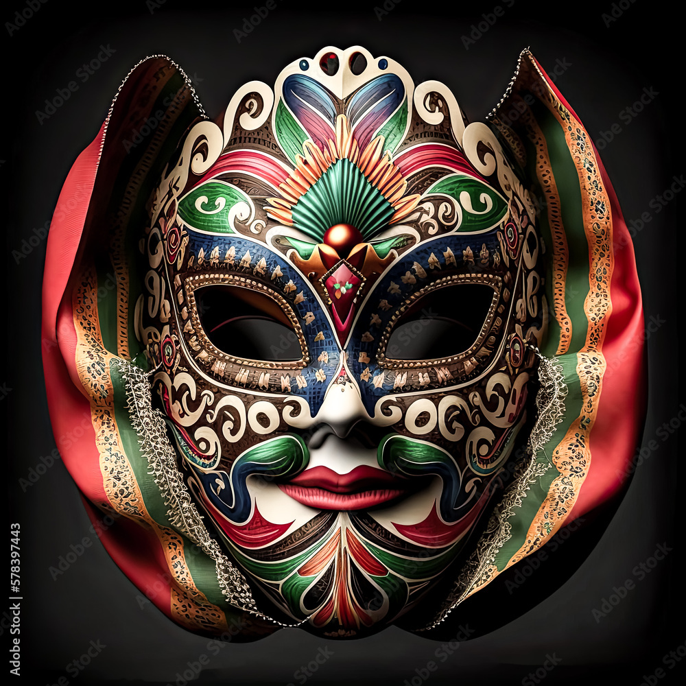 Poster a mystical celebration mask crafted with a combination of vibrant colors and intricate patterns was 