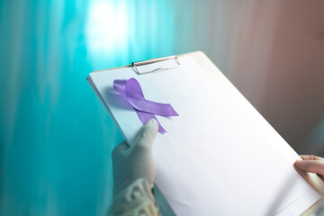 Epilepsy Awareness day photo, Doctor with his prescription pad and Purple ribbon, World Purple day background