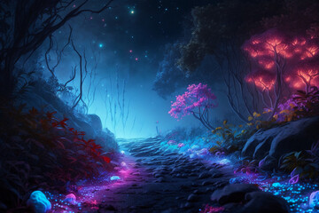Obraz na płótnie Canvas Colorful bioluminescence plants in forest crystals Generative AI