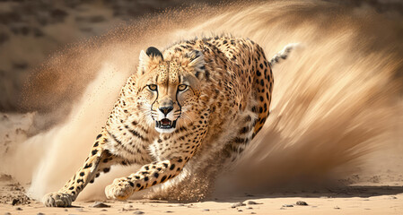 A close up of a cheetah sprinting across the savannah with its coat rippling in the wind - Generative AI - obrazy, fototapety, plakaty