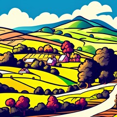 Obraz na płótnie Canvas Cartoon landscape. Rural area. Countryside. Hills and fields - generative ai