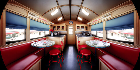 A haunting, empty diner car from the 1940s is illuminated by the setting sun - generative ai.