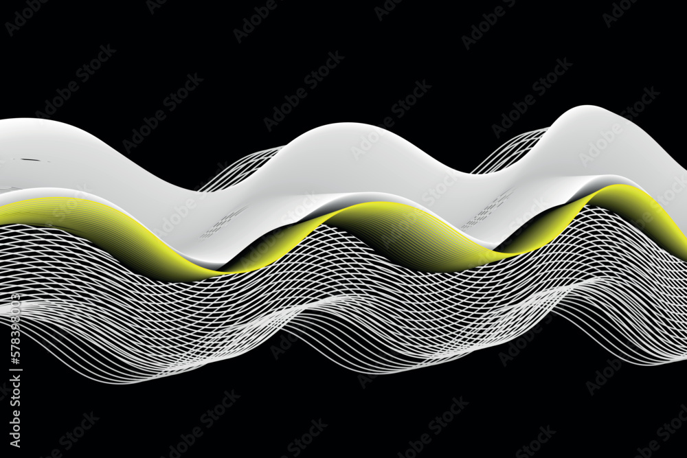 Poster white and yellow lines wave on black background. fluid abstract background, suitable for landing pag