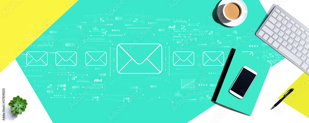 Poster email concept with a computer keyboard and office items