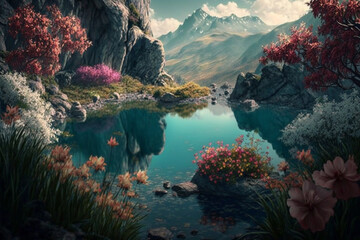 Fototapeta na wymiar Nature flowers scenery realistic photo wallpaper Generative AI