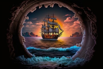 Through the portal, discovering the Hidden Island and confronting the pirate ship. generative AI