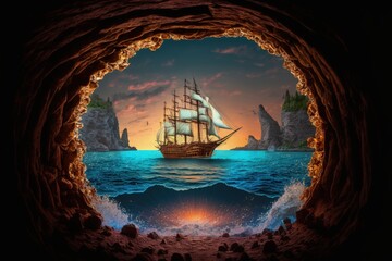 Through the portal, discovering the Hidden Island and confronting the pirate ship. generative AI