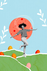 Photo collage cartoon comics sketch picture of smiling funny lady having fun enjoying easter...