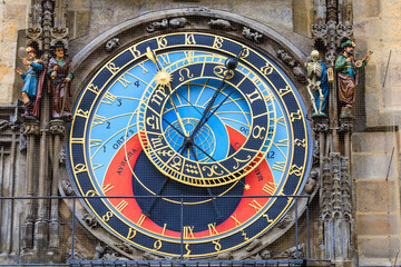 Prague astronomical clock close-up. The main attraction of the capital of the Czech Republic. Background
