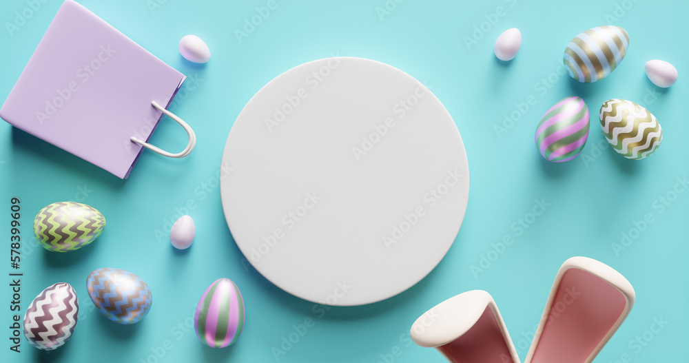 Poster easter composition from an empty white circle in the center of the rabbit ears egg on a blue backgro