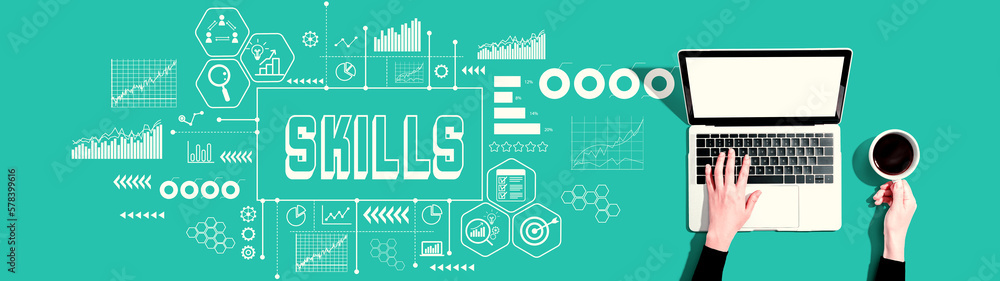 Poster skills theme with person using a laptop computer