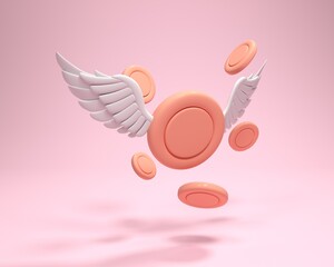 3D gold coin flying with wings isolated on pastel background. 3d illustration