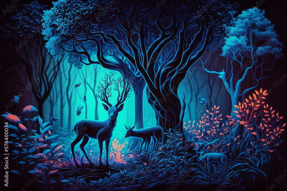 Wall mural Wallpaper with a magical forest backdrop with neon Generative AI