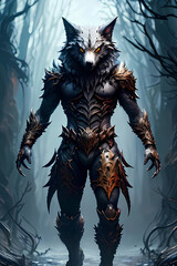 Wolf Evil werewolf , Splash art wearing armor , animal night . Generative ai