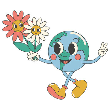 Y2k groovy earth day cartoon sticker. Environmental protection. Cute earth character with flowers