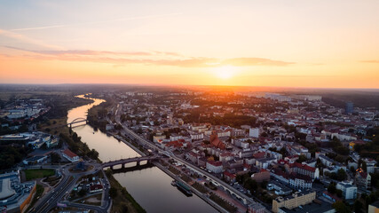 Fototapeta na wymiar A panoramic drone photo of Gorzów Wlkp, a city in the Lubuskie Voivodeship of Poland, beautifully captures the essence of the urban landscape