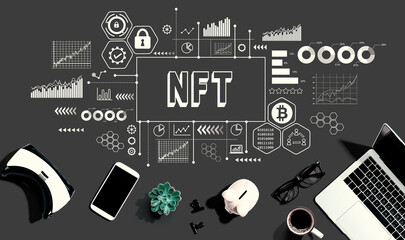 NFT theme with electronic gadgets and office supplies - flat lay