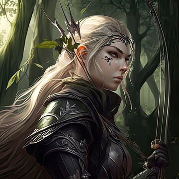 Beautiful elven archer in ambush. Rogue, deep forest, fantasy, bow, quiver, disguise, non-existent person, high resolution, art, generative artificial intelligence