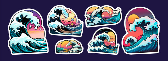 Big bundle of stickers with wave.Vector collection sticker of wave on purple isolated background. AI. Doodle cartoon style	