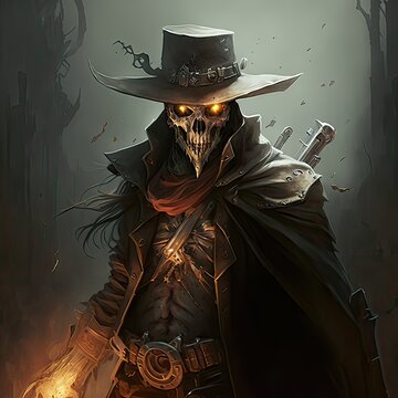 An undead shooter with glowing eyes and a rifle behind his back. Noon, duel, skeleton, dark atmosphere, bounty hunter, frontier gunslinger, high definition, art, generative artificial intelligence