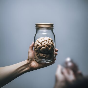 A human brain enclosed in a glass jar. Brain in the pot. Concept image of a brain inside an hermetic glass storage. Digital artwork illustration. Ai generative