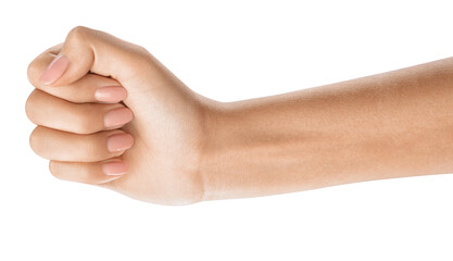 Raised clenched fist. Fist bump gesture of greeting or solidarity. Woman's hands with a French manicure. Ideal for nail polish and beauty blogs.