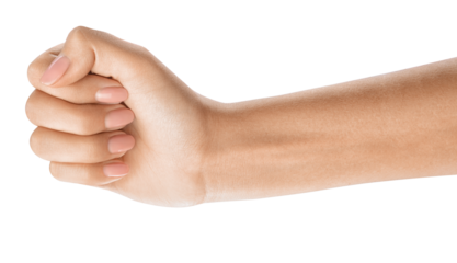 Raised clenched fist. Fist bump gesture of greeting or solidarity. Woman's hands with a French manicure. Ideal for nail polish and beauty blogs.