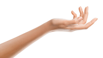 Woman's hand holding nothing. Hands of a woman with a perfect manicure. Perfect for advertising jewelry, watches or nail polish