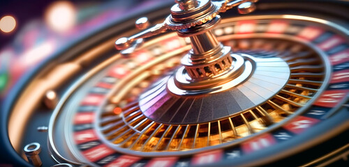 Casino roulette wheel in motion, Banner colorful background. Generation AI