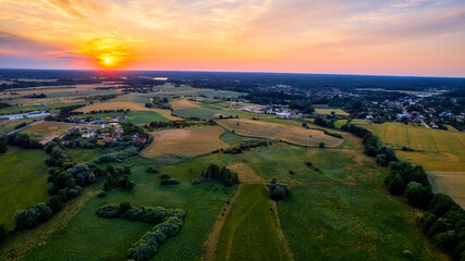 A stunning sunset aerial photo of fields in Poland near Gorz&oacute;w Wlkp, captured by a drone
