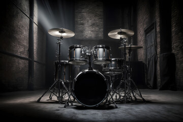Fototapeta na wymiar Drum set on stage for band with spot lighting spotlight, dark background. Generation AI