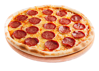 Pizza isolate, medium size, side view. Stock photo of pizza.