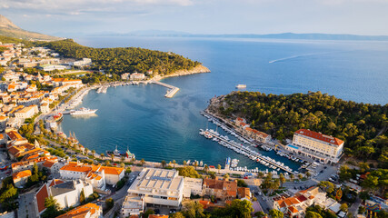 On a sunny day in Makarska on the Makarska Riviera, an aerial photo of Croatia was captured.