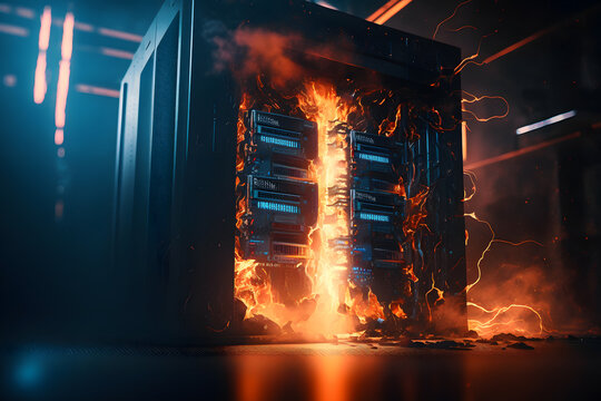 Server room Burning. Data center and supercomputer technology in fire. Generation AI