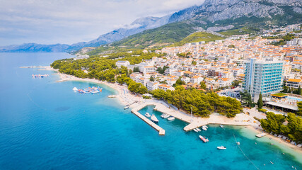 On a sunny day in Makarska on the Makarska Riviera, an aerial photo of Croatia was captured.
