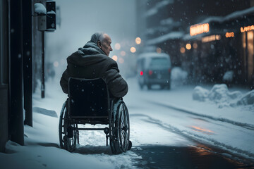 Old senior man in wheelchair in front of winter road. Concept problem life of disabled with snow. Generation AI