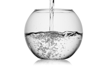 Splash jet of water pours in glass fishbowl with bubbles isolated, without glare. Reflection on the...