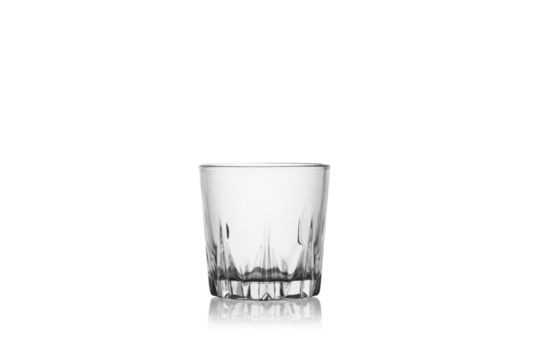 Empty whiskey glass isolated, without glare. Reflection on the surface. Back light.	
