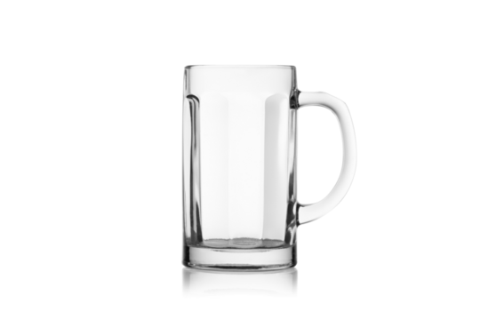 Empty beer mug glass isolated, without glare. Reflection on the surface. Back light.