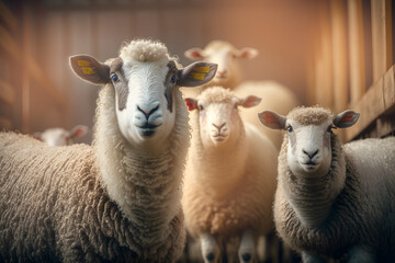 Obraz premium Sheep livestock farm. Happy lamb with sunlight. Agriculture industry ram banner. Generation AI