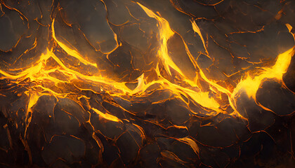Lava Veins: Abstract Molten Gold River Texture, visual of molten lava flows, resembling veins of liquid gold, snaking through a darkened landscape - obrazy, fototapety, plakaty