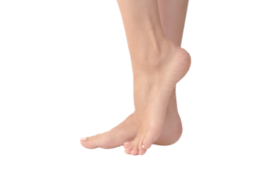 Beautiful female feets retouched and isolated. Standing on your legs, one foot on your toes. Empty space, blank for design.	
