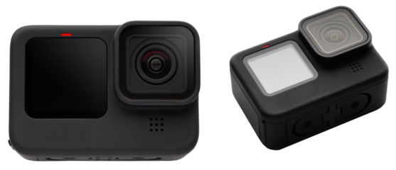 New black Action Camera with color front display for selfie, isolated.