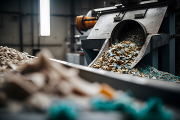 Industry Plant for sorting and processing plastic and paper waste. Conveyor assembly line with garbage bottles and packaging. Generation AI