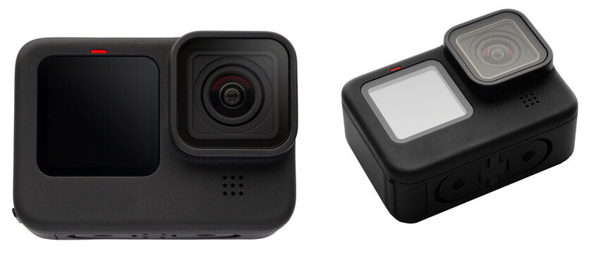 New black Action Camera with color front display for selfie, isolated.