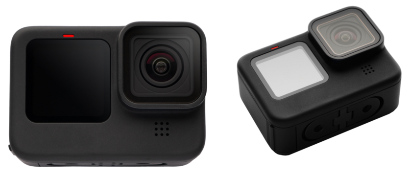 New black Action Camera with color front display for selfie, isolated.