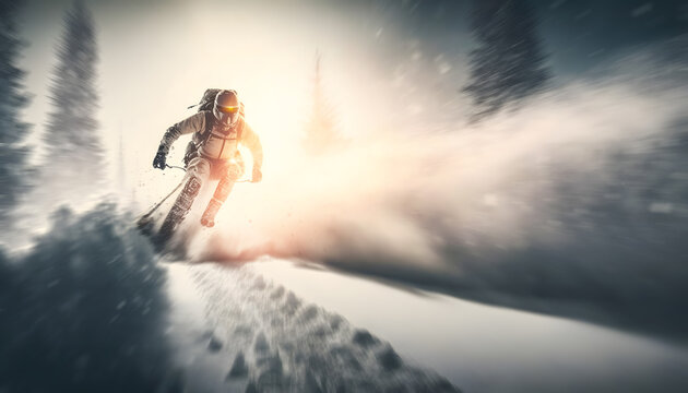 Extreme skiing. Freeride ski in fresh powder snow with sunlight. Winter action photo. Generation AI