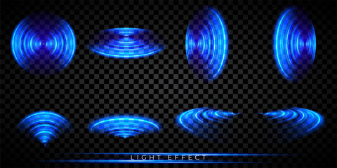 Round light effect set. Sonar sound wave. Signal concentric circle. Radio station signal. Water ripple with circle waves. A place or a painful point.