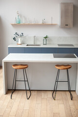 Fototapeta na wymiar Modern kitchen interior in scandinavian style and gray tones. Kitchen island and bar stool.
